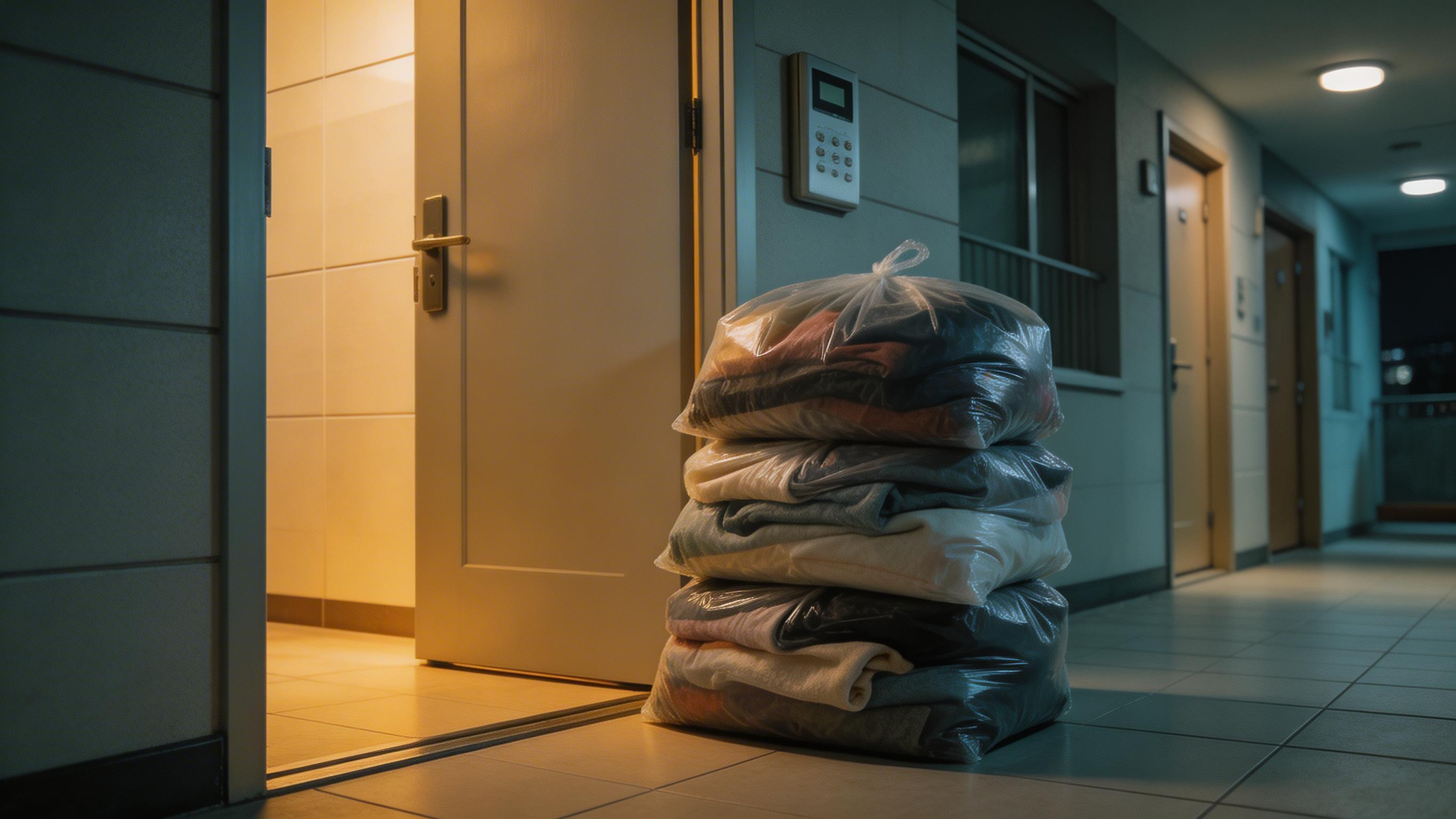 헌옷 수거를 위해 깔끔하게 포장되어 문 앞에 놓인 헌옷 봉투들